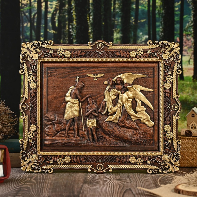 Home Decor Frames - งานแกะสลักไม้ประดับผนังแบบแฮนด์เมด ฉากพระเยซูรับศีลล้างบาป งานแกะสลักศิลปะทางศาสนา พร้อมกรอบตกแต่ง สำหรับตกแต่งบ้านและโบสถ์