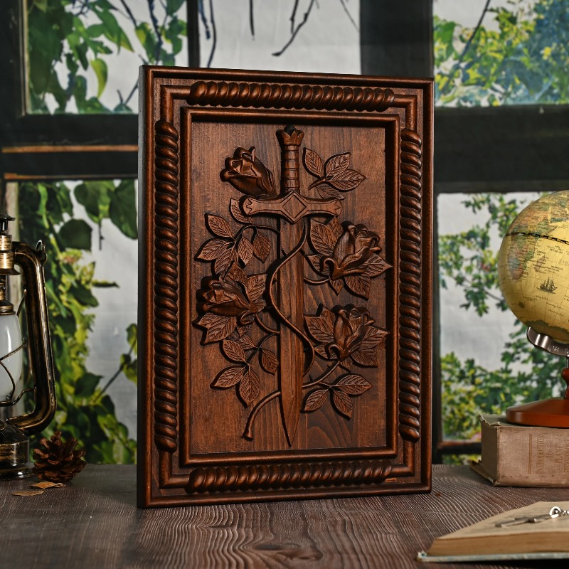 Home Decor Frames - กรอบรูปติดผนังไม้แกะสลักลายกุหลาบและดาบสไตล์วินเทจ ของตกแต่งบ้าน
