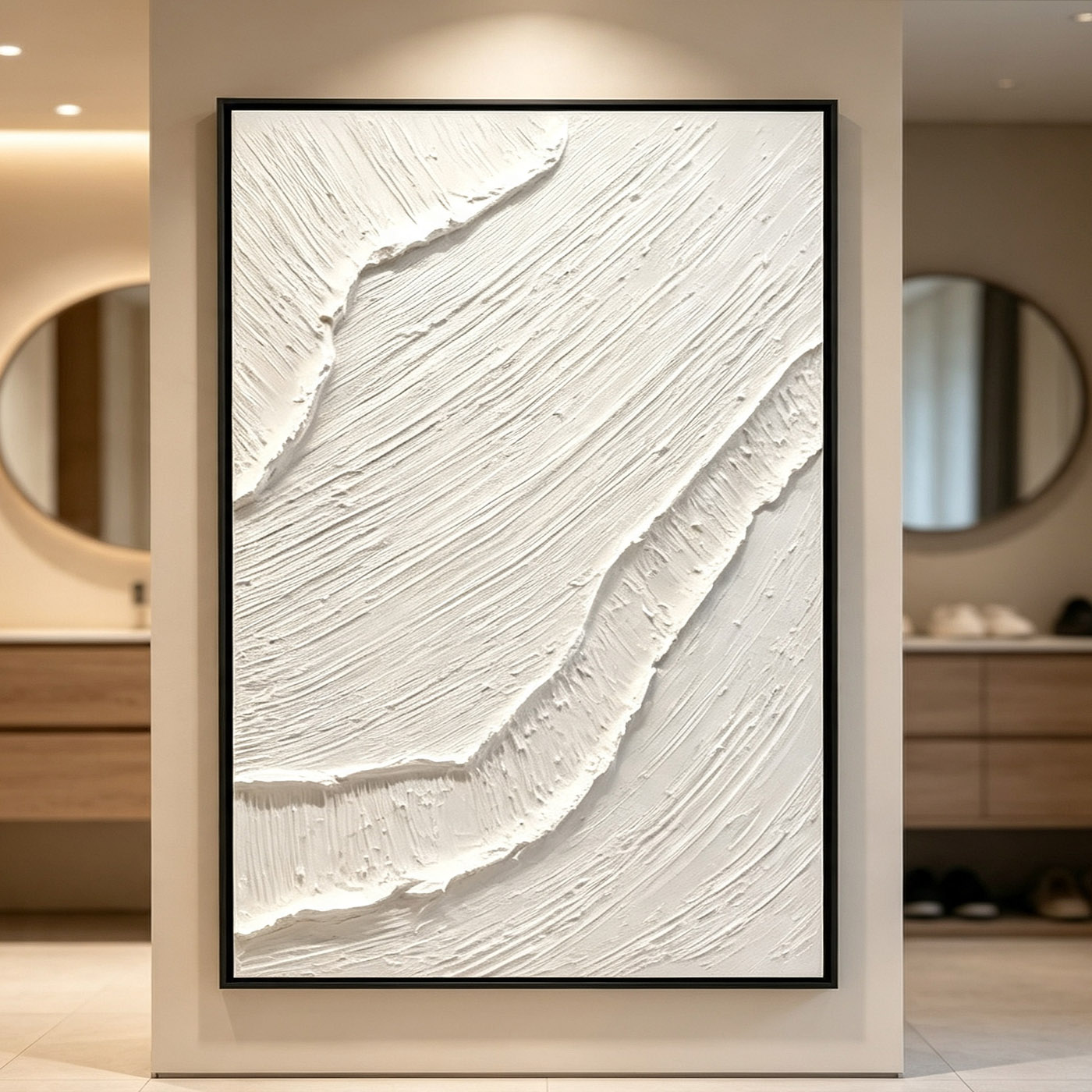 Home Decor Frames - ภาพวาดสีน้ำมันแบบนามธรรม 3 มิติ สีขาว วาดด้วยมือ พื้นผิวหนา