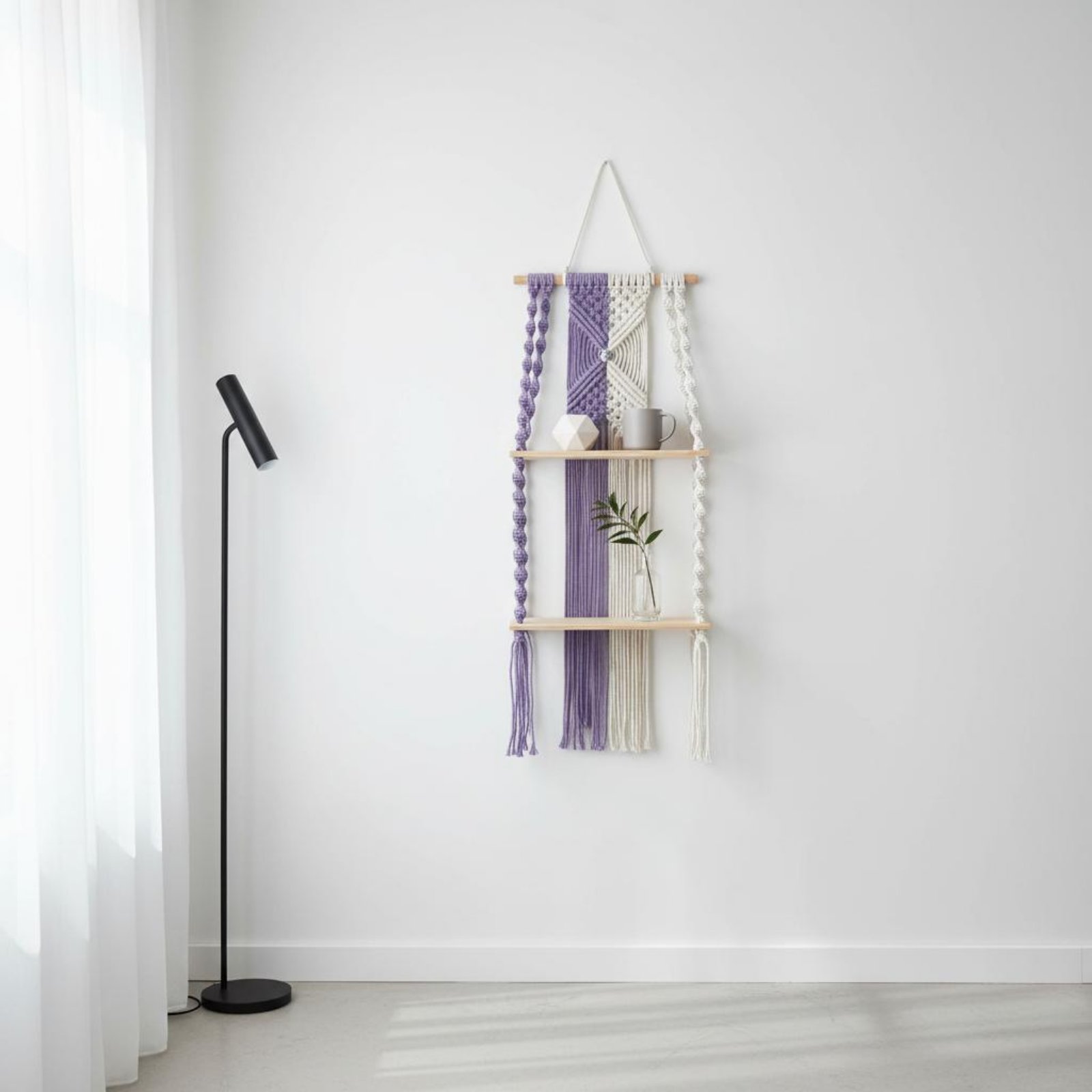 Macrame Wall Hanging - ชั้นวางของแขวนผนังสไตล์โบโฮ ง่ายต่อการแขวน ชั้นวางของแบบมาคราเม่ ชั้นวางของสไตล์โบฮีเมียน ประหยัดพื้นที่อเนกประสงค์สำหรับห้องเด็ก
