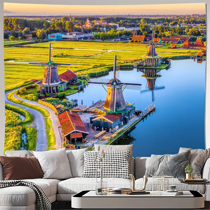 Home Decor Netherlands - ผ้าแขวนผนังลายกังหันลมโบฮีเมียนขนาดใหญ่ ภาพพิมพ์ศิลปะตกแต่งผนัง วิวทิวทัศน์เนเธอร์แลนด์ ภาพจิตรกรรมฝาผนังบนผ้าแคนวาส สไตล์บ้านไร่ ของตกแต่งบ้าน