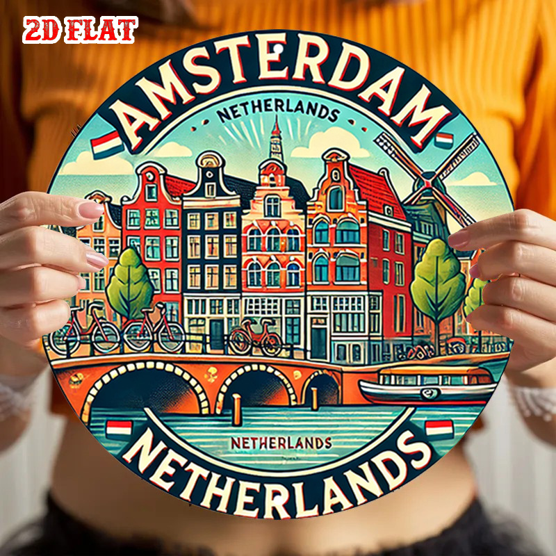 Home Decor Netherlands - งานศิลปะติดผนังโลหะทรงกลม 2 มิติ 1 ชิ้น ลายอัมสเตอร์ดัม