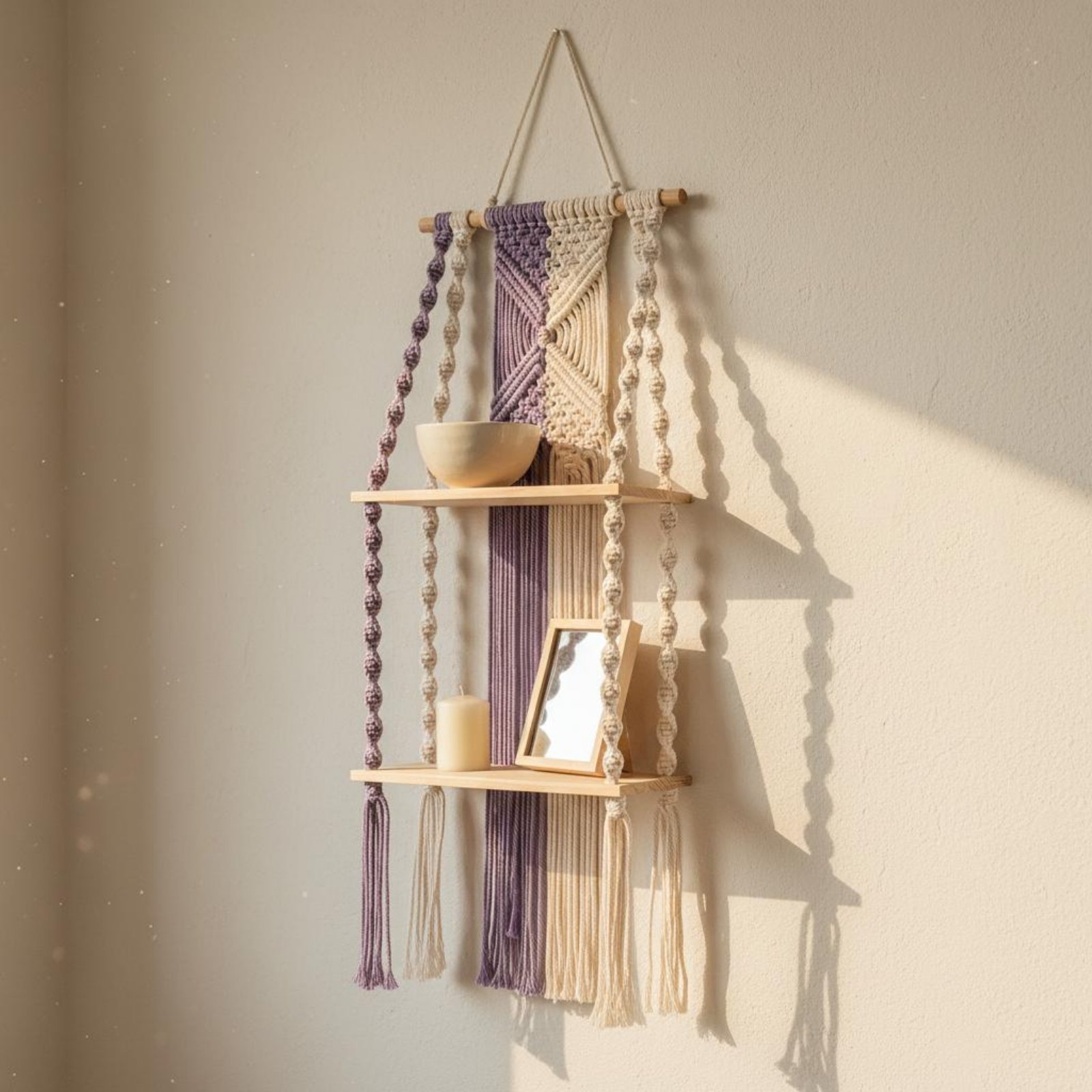 Macrame Wall Hanging - ชั้นวางของแขวนผนังสไตล์โบโฮ ชั้นวางของทำมือจากเชือกถักแบบมาคราเม่ ชั้นวางของสไตล์โบฮีเมียน ประหยัดพื้นที่อเนกประสงค์สำหรับห้องเด็ก