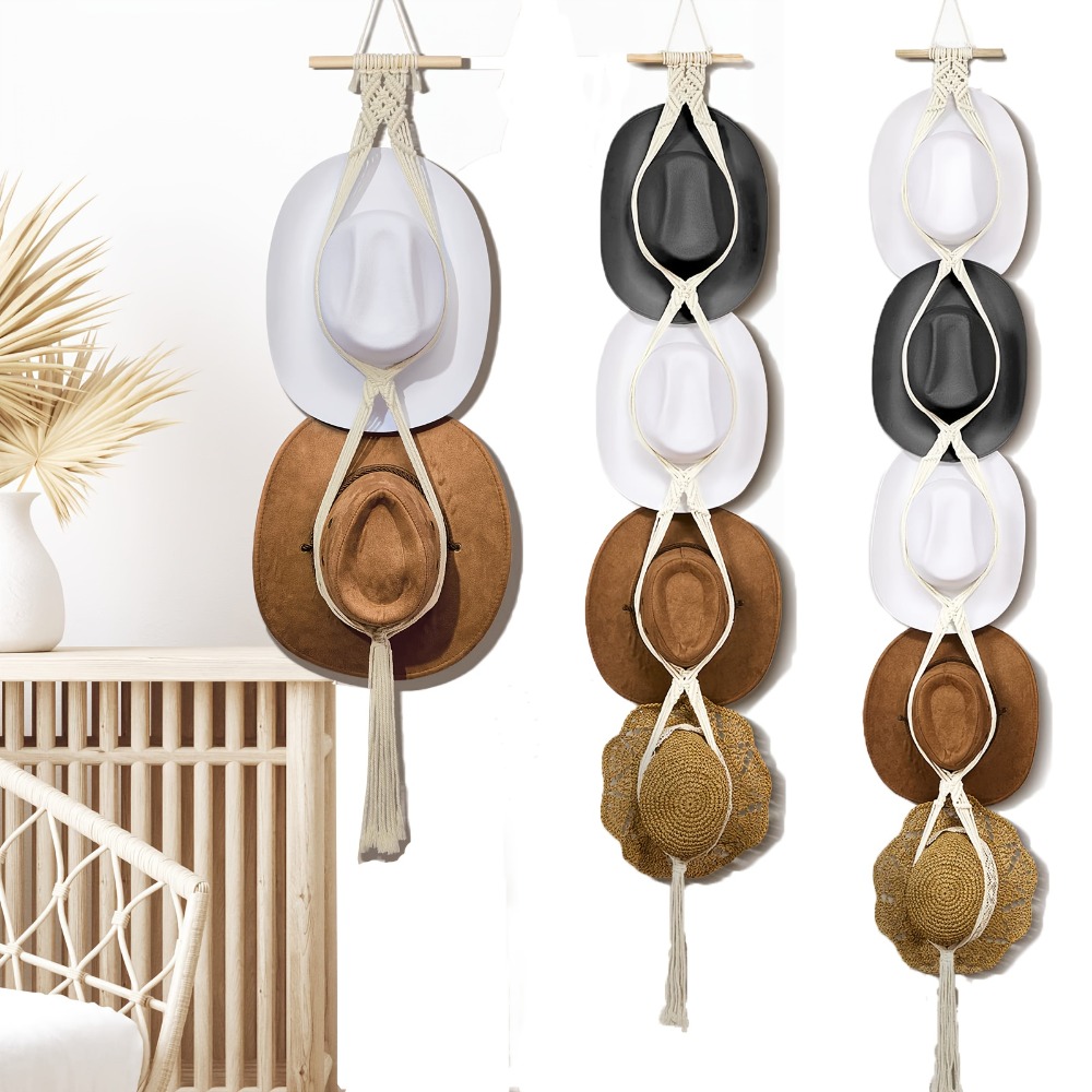 Macrame Wall Hanging - ที่แขวนหมวกสไตล์โบฮีเมียนแบบมาคราเม่ ที่แขวนผนังทอมือสำหรับหมวกคาวบอย หมวกเฟโดรา และหมวกปีกกว้างสำหรับตกแต่งบ้าน