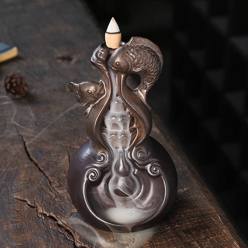 Home Decor Zen Style - เตาเผาเครื่องหอมเซรามิกรูปน้ำเต้าแบบไหลย้อน สไตล์จีน สัญลักษณ์แห่งความอุดมสมบูรณ์ สำหรับตกแต่งบ้านสไตล์เซน ของขวัญสำหรับการทำสมาธิ