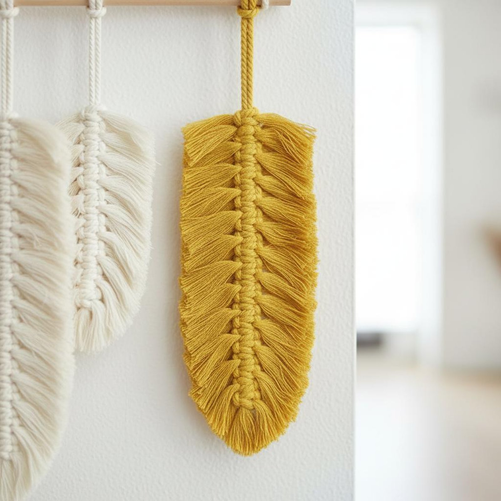 Macrame Wall Hanging - งานฝีมือแขวนผนังแบบมาคราเม่ ประดับขนนกและใบไม้ พร้อมพู่ห้อยตกแต่ง ทำจากผ้าฝ้ายธรรมชาติ ของตกแต่งบ้าน ผ้าเนื้อนุ่ม