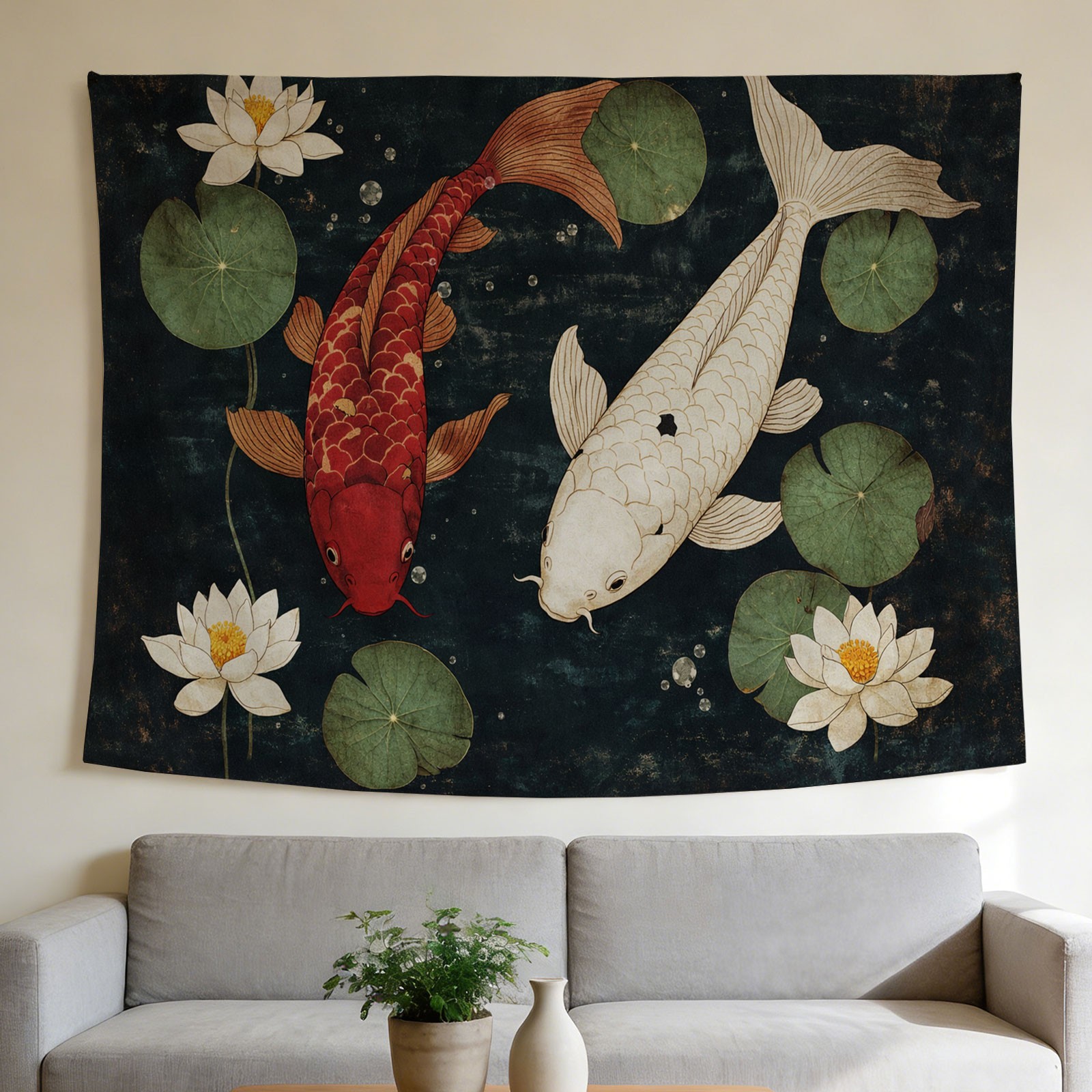 พรมแขวนผนังลายปลาคาร์ฟและดอกบั - Home Decor Japandi Style บทวิจารณ์และราคา