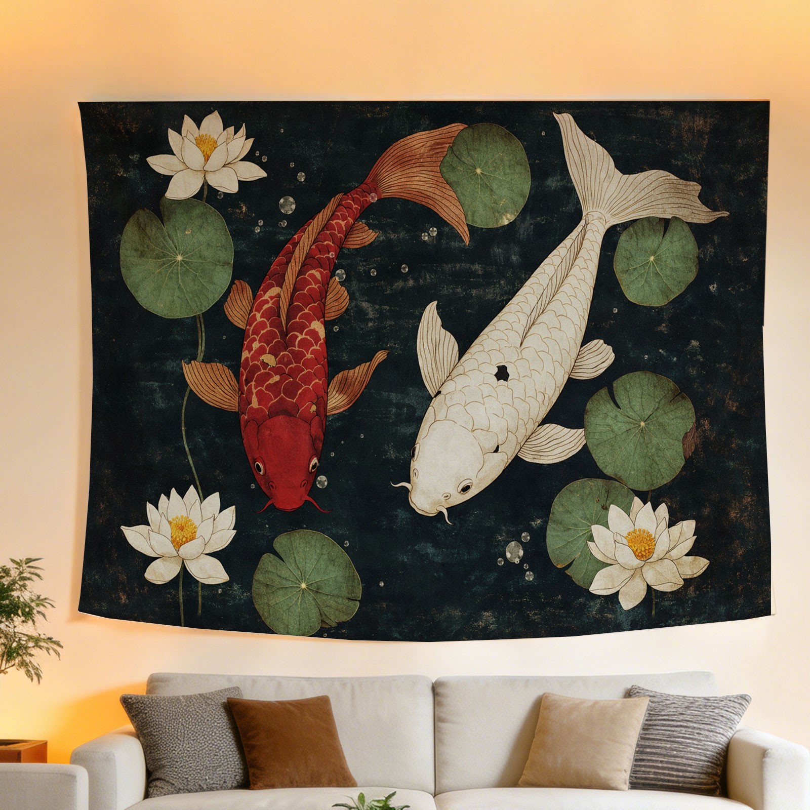 พรมแขวนผนังลายปลาคาร์ฟและดอกบั - Home Decor Japandi Style บทวิจารณ์และราคา